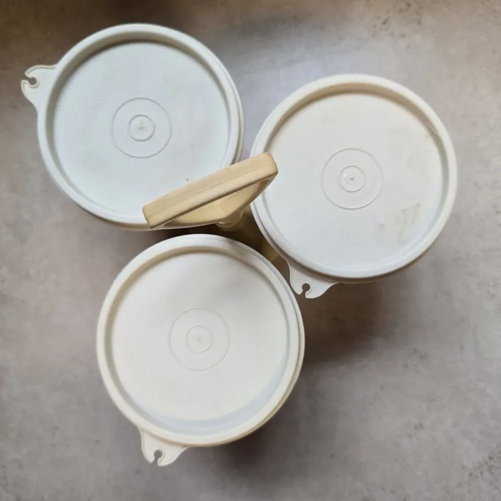 VTG Tupperware Condiment Relish Caddy Set Yellow Base with Cups and Lids